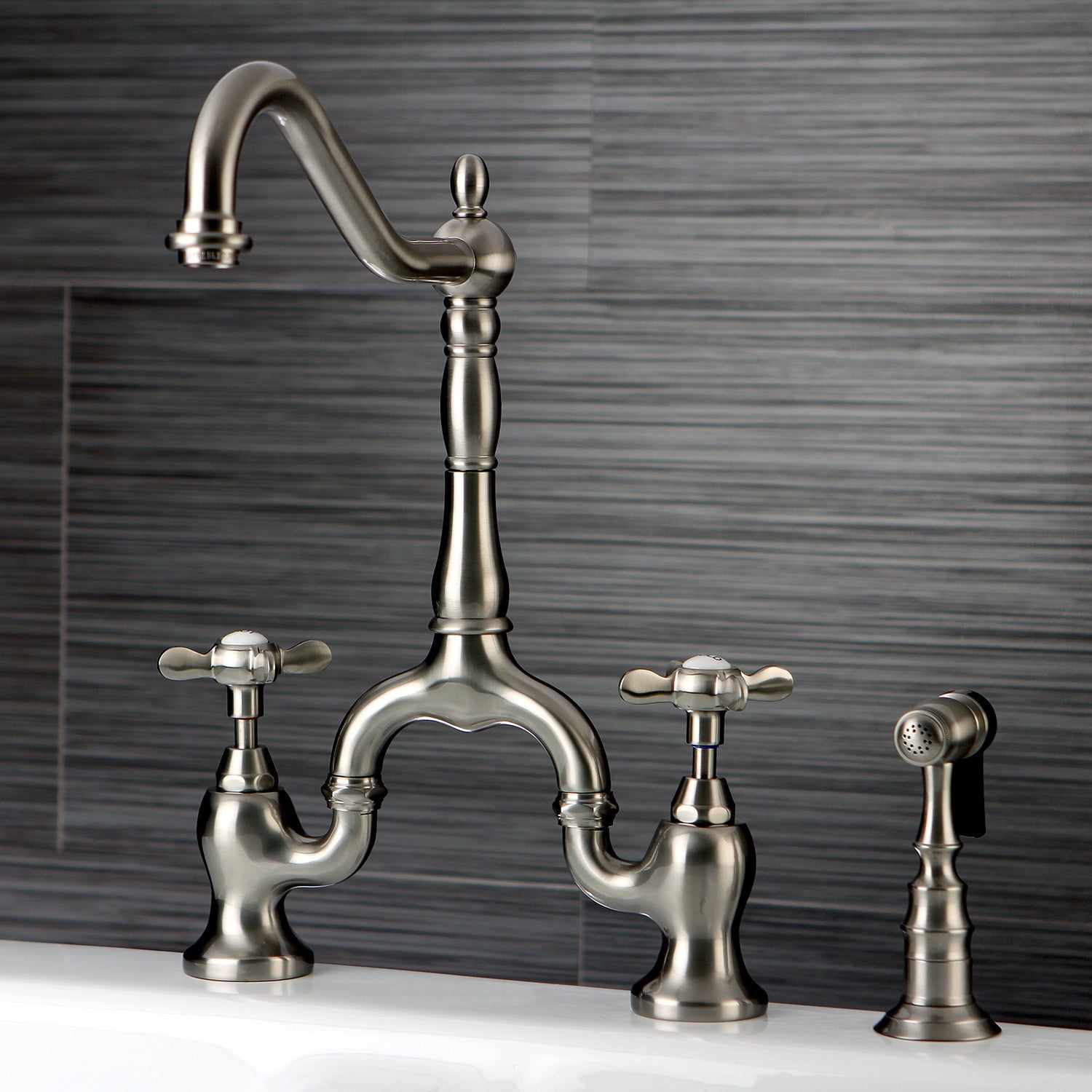 Kingston Heirloom KS7758BEXBS - Essex Two-Handle 3-Hole Deck Mount Bridge Kitchen Faucet with Brass Sprayer, Brushed Nickel — thumbnail 2